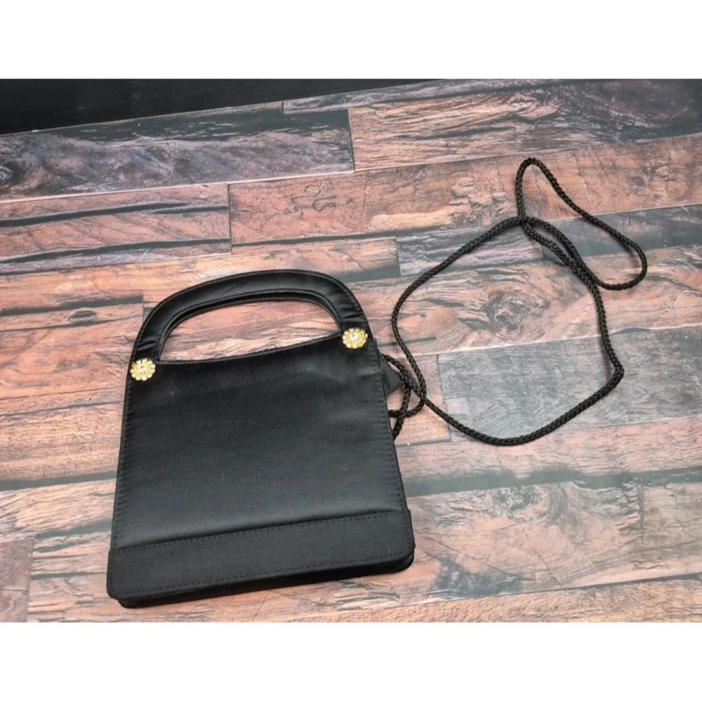 Black Satin Evening Bag Gold Bling Rope Strap Foldable Purse Wedding Prom Travel